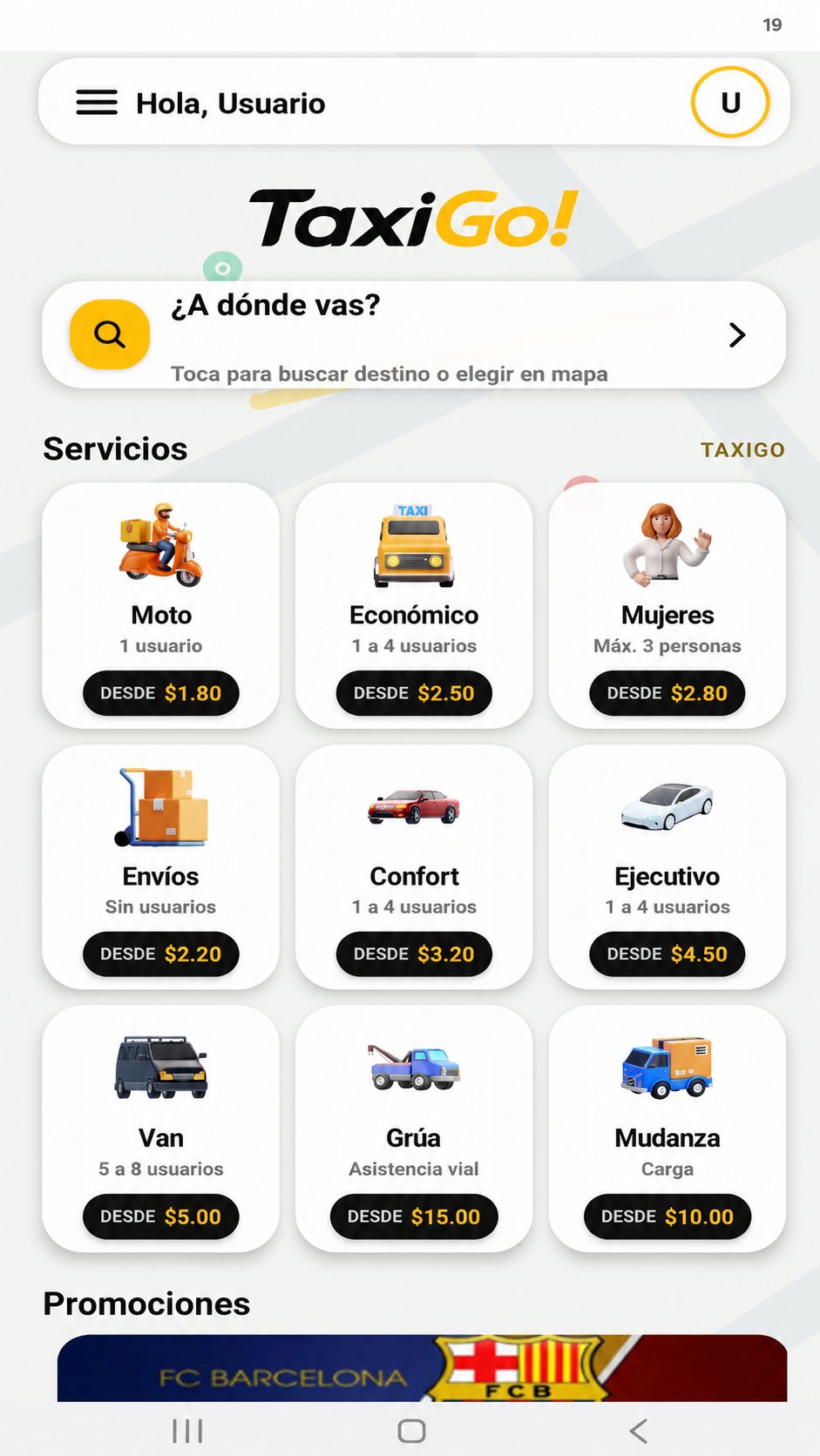Pantalla principal de TaxiGo