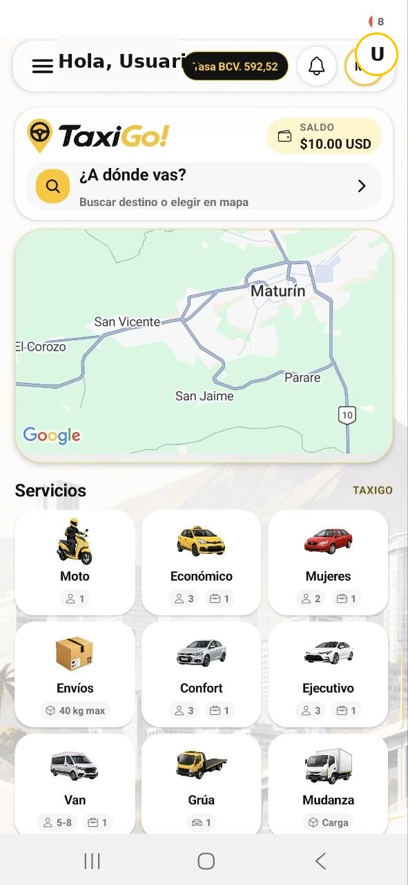 Pantalla principal de TaxiGo