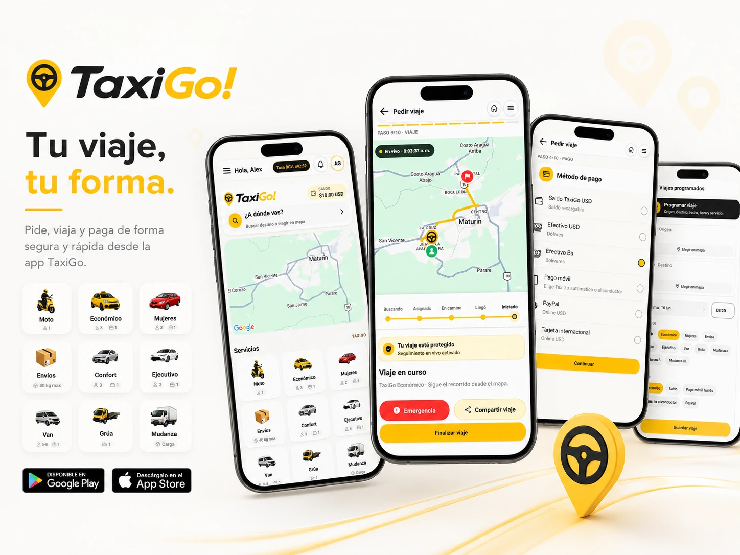 TaxiGo app con pantallas reales actualizadas